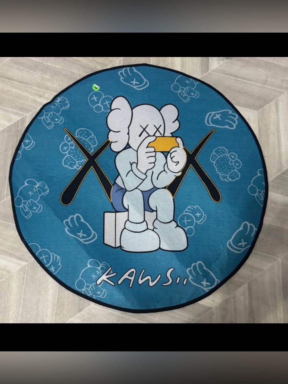 KAWS CUSTOM Teal Round Rug/ Wall Decor with Yellow Accent